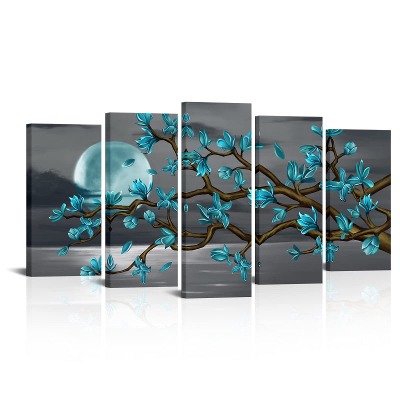 Visual Art Decor Turquoise Flower Tree Wall Art Large Canvas Wall Art Framed for Living Room Bedroom Teal Bedroom Decoration, Large 5 Pieces, Overall 60inchx32inch - Image 1